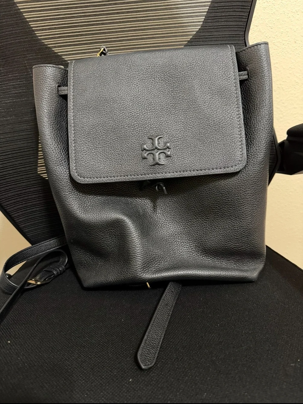 Tory Burch Black Pebbled Leather Backpack with Logo Flap